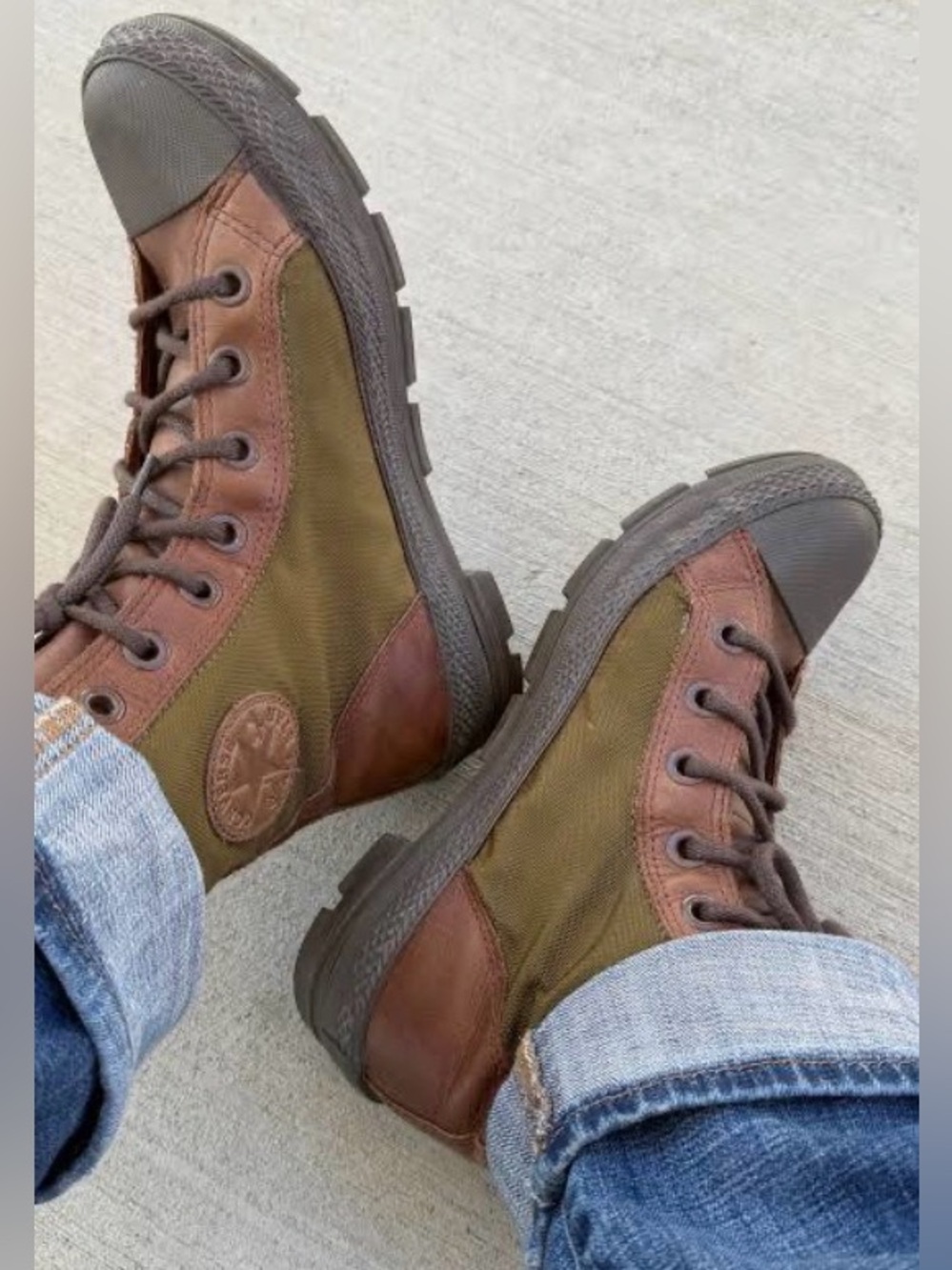 Canvas and Leather High-Top Sneakers in Olive Green and Brown